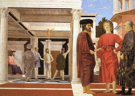 Piero della Francescas La flagellazione er et af 1400-tallets mest betydningsfulde billeder. Piero var en mester i den nyopdagede brug af perspektivisk forskydning og forkortning. Billedet kan ses i Urbino, på Palazzo Ducale. – Foto: Benedicte Christiansen.