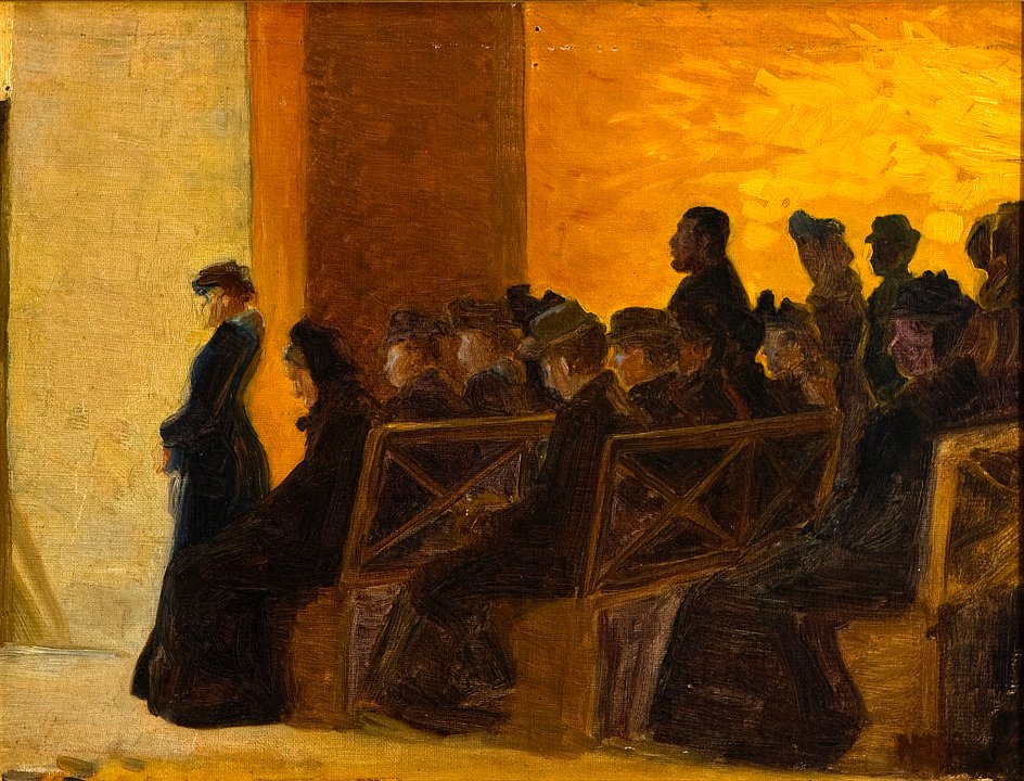 Niels Bjerre holdt allermest af at male landskaber, men blev i høj grad også missionens maler, for netop på hans tid føg den store vækkelse over Vestjylland. Her er hans skildring af et missionsmøde fra 1912. -