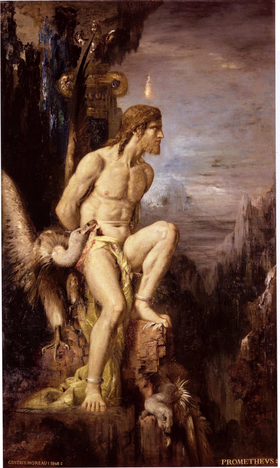 Hovedstolen på udstillingen er fransk med udgangspunkt i Musée d’Orsays egen samling af både avantgardekunst og salonkunst fra de seneste 200 år. Her ses Gustave Moreaus: ”Den lænkede Prometheus”. Olie på lærred. 1868. Musée Gustave Moreau. – Foto fra kataloget.