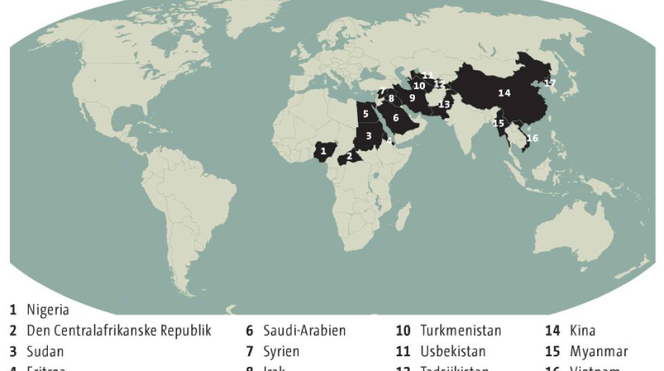 De 17 lande, der forhindrer deres borgere i at tro og udøve deres religion frit, er: Myanmar (Burma), Kina, Eritrea, Iran, Nordkorea, Saudi-Arabien, Sudan, Turkmenistan, Usbekistan, Egypten, Irak, Nigeria, Pakistan, Syrien, Tadsjikistan, Vietnam - og Den Centralafrikanske Republik. Arkivfoto.