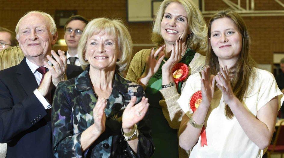 Danish Prime Minister Helle Thorning-Schmidt celebrates with her daughter Johanna, (R), mother-in-law Glenys Kinnock and father-in-law Neil Kinnock, as her husband Stephen Kinnock is elected the Member of Parliament for the Aberavon Constituency in the Neath Sports Centre, Neath, South Wales, May 8, 2015. REUTERS/Rebecca Naden