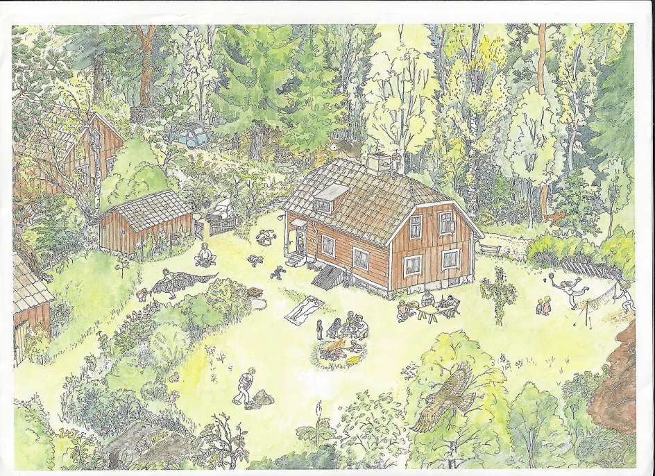 Marie Louise Willes onkel, Jan Bille, illustrerede livet på den svenske ødegård med alt fra badminton og musik til hygge om bålet og nøgen solbadning. Tegning: Jan Bille.