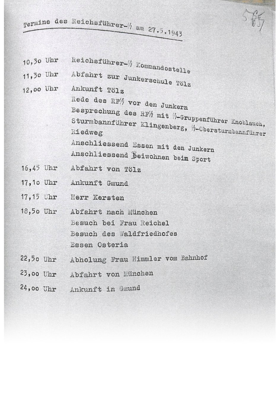 Heinrich Himmlers dagsprogram for den 27. maj 1943. –
