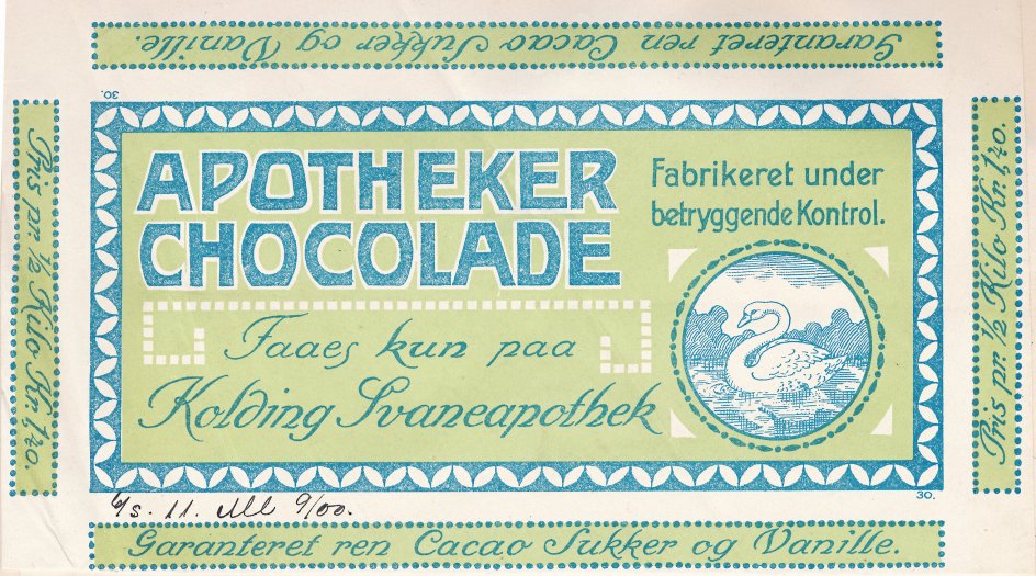 I begyndelsen var danskerne noget forbeholdne over for chokoladen og dens egenskaber. Apotekerchokolade ”Fabrikeret under betryggende Kontrol” på chokoladefabrikken Elvirasminde cirka 1910-1914. – Foto fra bogen.