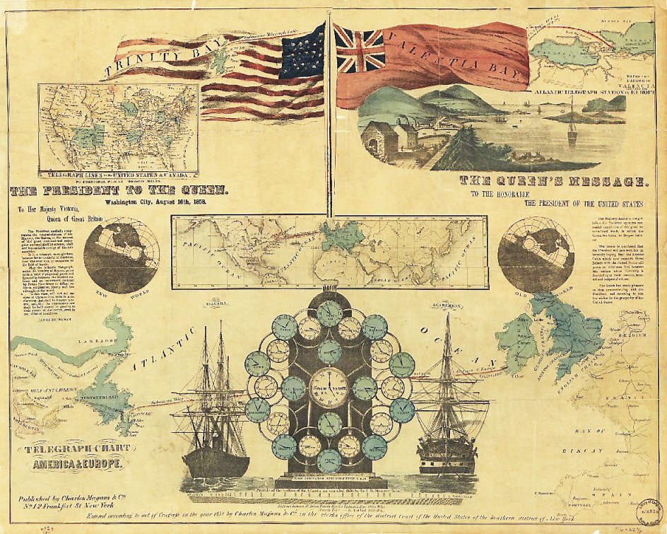 Denne kollage kunne købes som plakat i forbindelse med åbningen af den trans- atlantiske kabelforbindelse i 1858 og viser, hvordan den engelske dronning og den amerikanske præsident knyttede store forhåbninger til den nye mulighed for kommunikation på tværs af Atlanterhavet. –