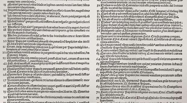 En trykt plakat med Luthers 95 teser fra 1517. Opbevares i Berlin State Library. –