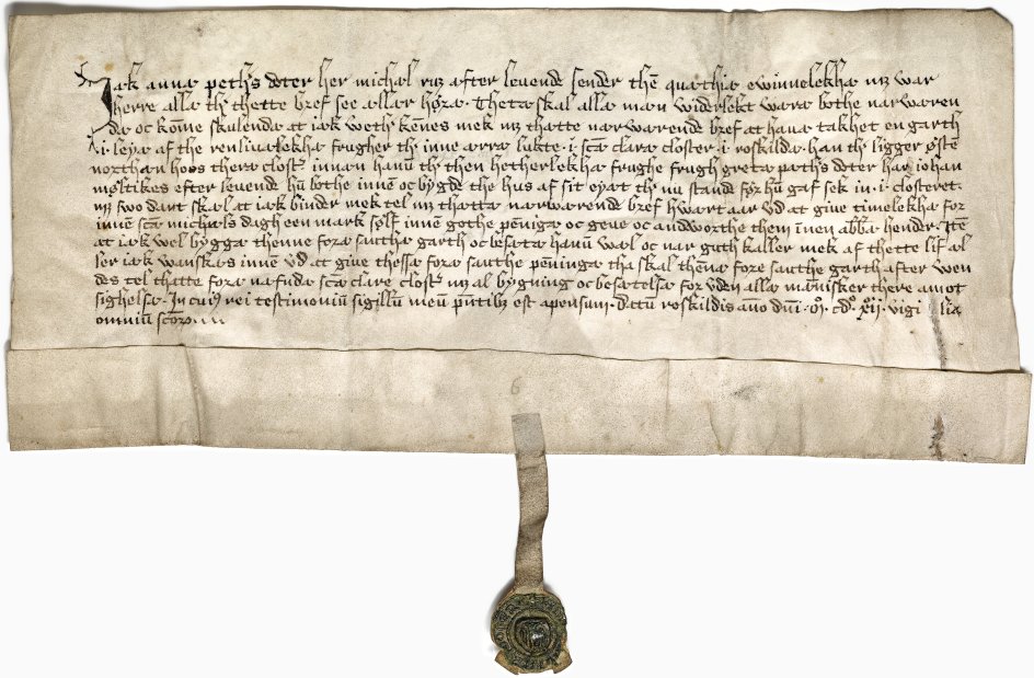 Anna Pedersdatter Jernskæg lejer en gård af Sankt Clara Kloster, står der i lejekontrakten fra 1412, som er skrevet i gotisk kursiv og forseglet med Jernskæg-slægtens våbenskjold. AM Dipl. Dan. LX, 28 (31/10 1412) i Den Arnamagnæanske Håndskriftsamling. –