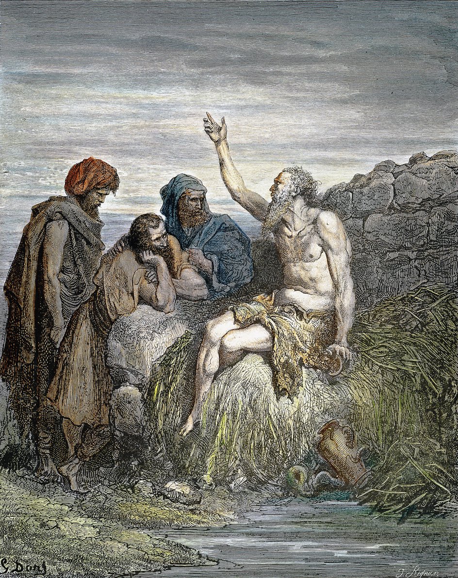 Jobs velmenende venner mener, at det er hans egen skyld, at han lider, men Job ved bedre og tager sin sag op direkte med Gud. Her er scenen skildret af Gustave Doré (1833-1883). –