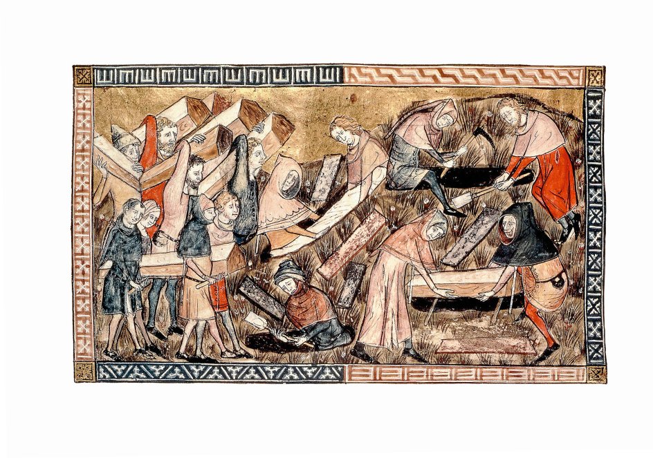 På grund af smittefaren var det vigtigt, at pestofre blev begravet i en fart. Denne illustration fra 1349 viser en sådan begravelse i den belgiske by Tournai.