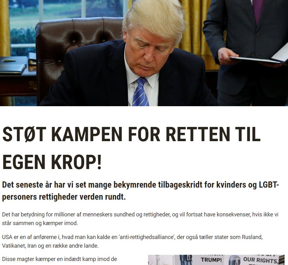 Sex og Samfund har skudt en kampagne for kvinders rettigheder i gang, hvor blandt andre den amerikanske præsident Donald Trump optræder som del af en såkaldte anti-rettighedsalliance.