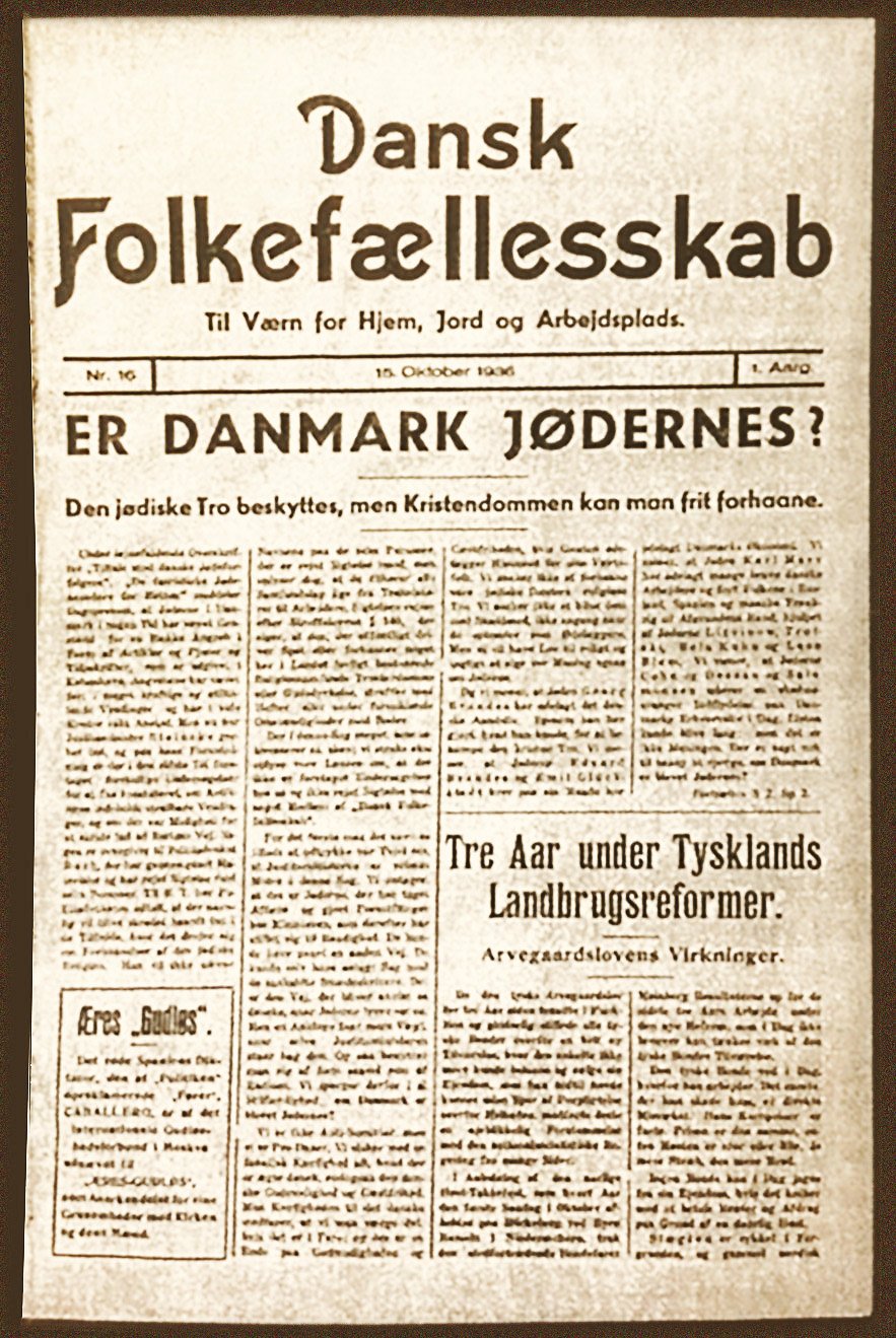 Forsiden af Mallings antisemitiske blad Dansk Folkefællesskab fra den 15. oktober 1936.