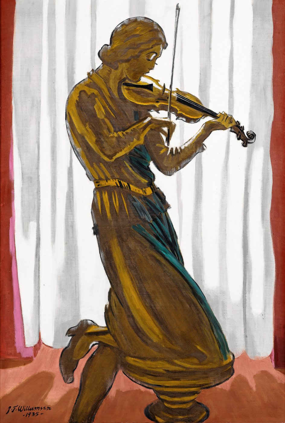 ”Anse spiller violin” fra 1935 afbildes Willumsens datter i tegneseriens silhuet og
kontur som en blanding af Walt Disneys Snehvide med kokette lange øjenvipper og Minnie Mouse med store fortegnede sko.