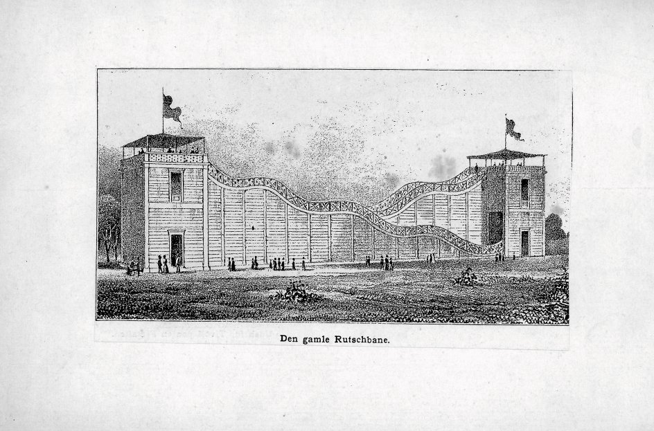 I Tivolis første rutsjebane blev en vogn fyldt med forlystelsessyge gæster trukket op med håndkraft og derefter sendt i frit løb ned ad en rampe. Denne illustration stammer fra 1844.