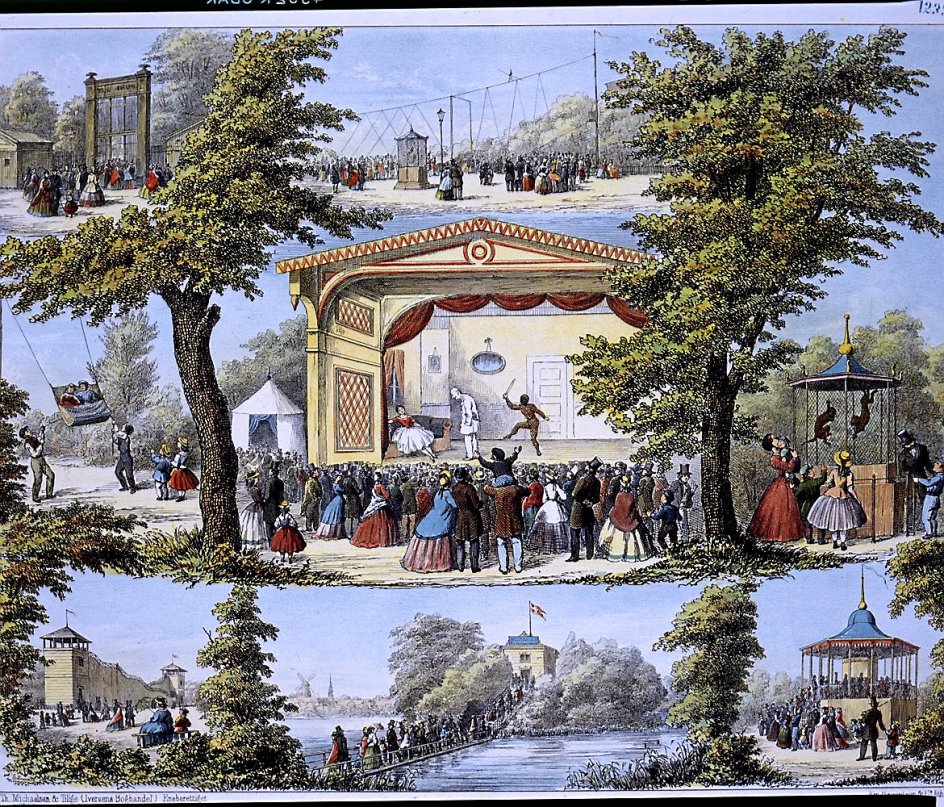 Tivoli var lige fra begyndelsen i 1843 et sted fyldt med pænhed, hygge og atmosfære kombineret med noget mere farligt og løssluppent. Her en reklametryksag for Tivoli fra 1859. –