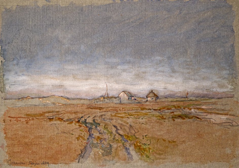 Viggo Johansen havde øje for mennesket og landskabet i egen ret så at sige. Skagens Museum viser en lille fin udstilling om Viggo Johansens landskaber i akvarel. Her er det kunstnerens ”Nybyggerhuse på heden”. –