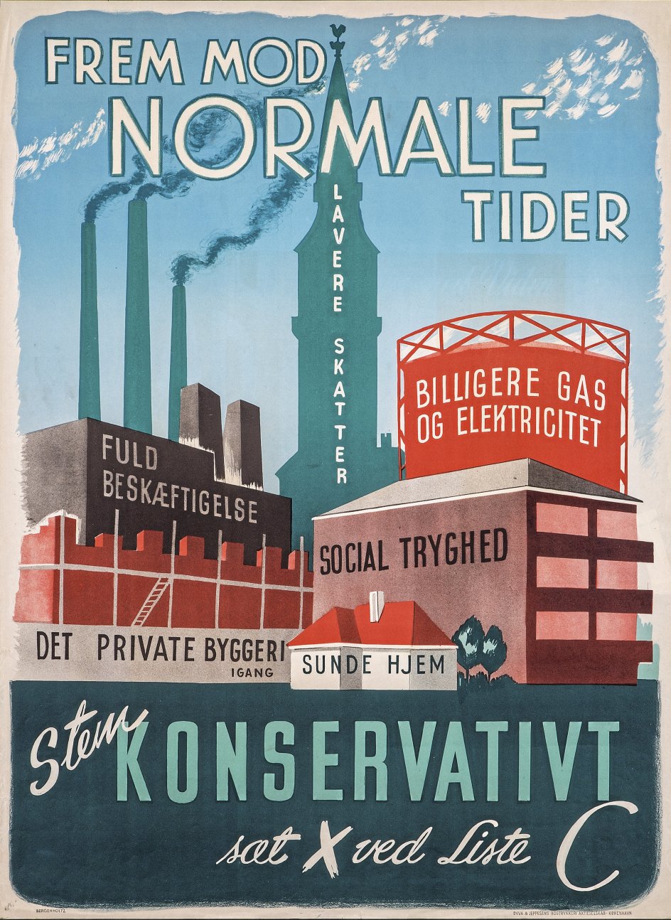 Denne konservative valgplakat er lavet af en ukendt kunstner, men stadig farvestrålende og velkomponeret. Den er enten fra valget i 1947 eller 1950.