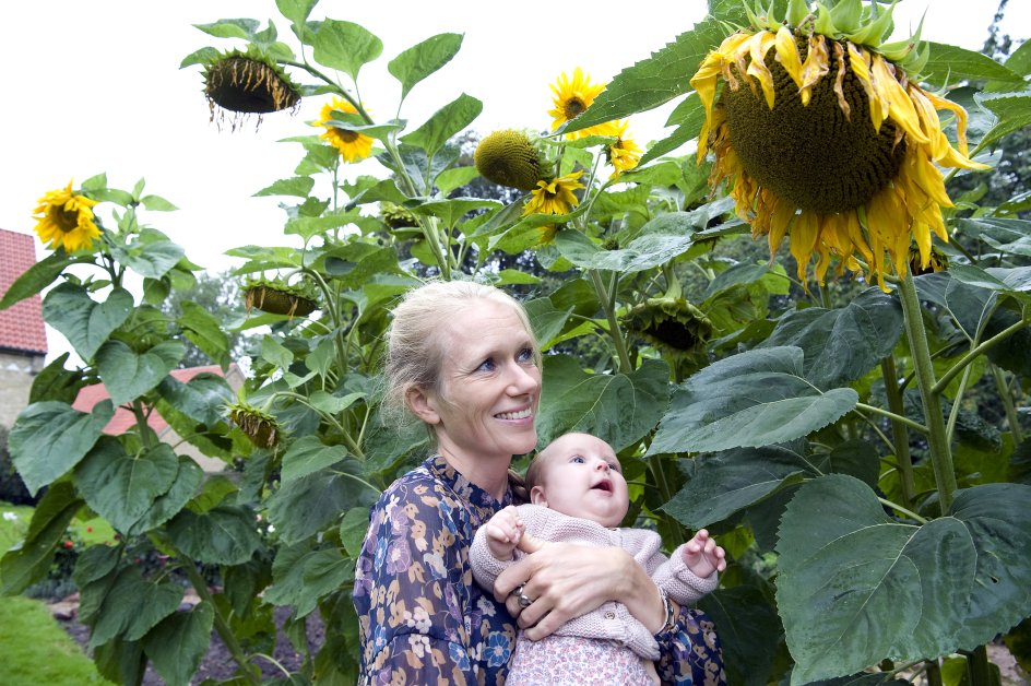 Sognepræst Marie Høgh med sin datter Lillen. Når de to er i haven, kan solsikkernes gule hoveder få den lille datter til at smile, selv når hun er allermest ked af det.