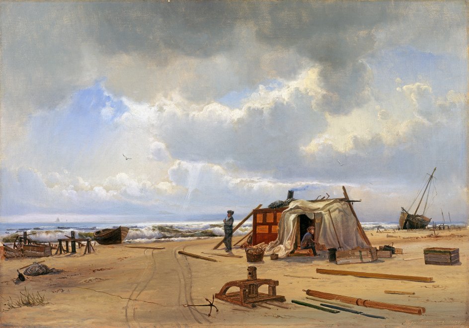 Et tema på udstillingen udgøres af strandinger og vrag, hvor det igen er havets utæmmelige, destruktive kræfter, der fremstilles. Her er det ”En vraghytte på Skagen strand” fra 1872. –