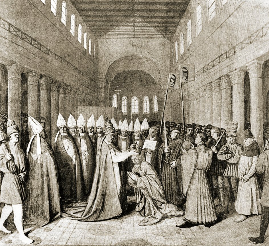 Modsætningerne mellem Øst- og Vesteuropa går tilbage til de grundlæggende forskelle, der historisk har gjort katolsk og protestantisk kristendom dominerende i vest og ortodoks kristendom i øst, skriver Henrik Jensen. Forbindelsen mellem den verdslige og åndelige autoritet i Vesteuropa illustreres her ved pave Leo III’s kroning af kejser Karl den Store.