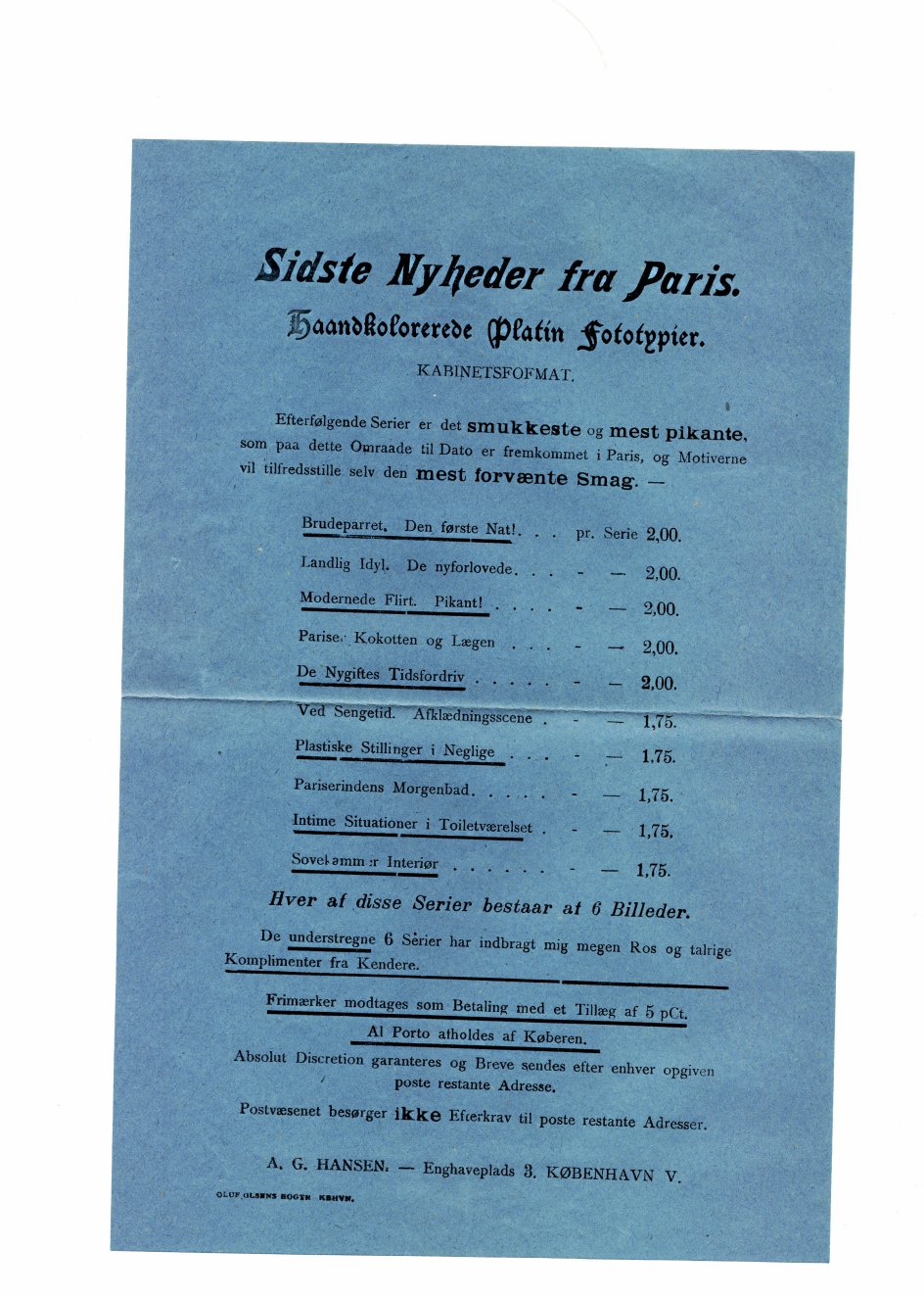 En ”spiseseddel” fra det tidlige 1900-tal beskriver udvalget af pornobilleder, der kan købes for omtrent to kroner stykket. Bemærk, at materialet er solgt fra Enghave Plads i København. Også dengang var Vesterbro centrum for pornohandlen. – Foto: Rigsarkivet