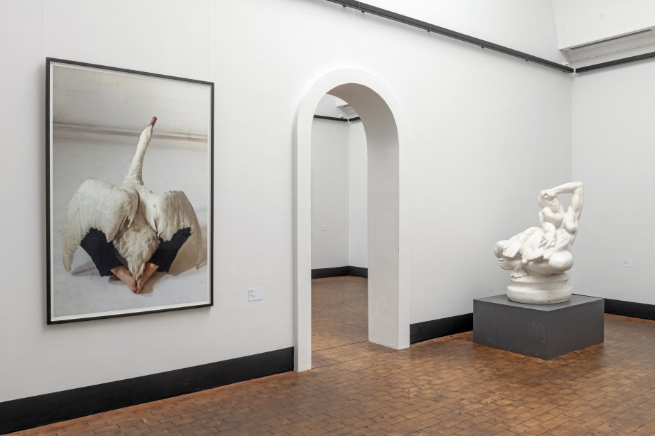 I et af Kirsten Justesens fotografiske værker ”Svanesø, sang og sokkel” (2013) sidder hun på soklen iklædt sort og holder om en svane. Her skabes en direkte dialog med billedhuggeren Kai Nielsens (1882-1924) fascinerende skulptur ”Leda og svanen” (1918), som står på gulvet i samme rum. –