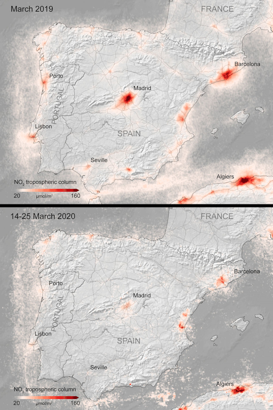 Her ses koncentrationen af kvælstofdioxid i atomsfæren i Spanien og Portugal fra begyndelsen af marts (øverst) til denne uge (nederst).
