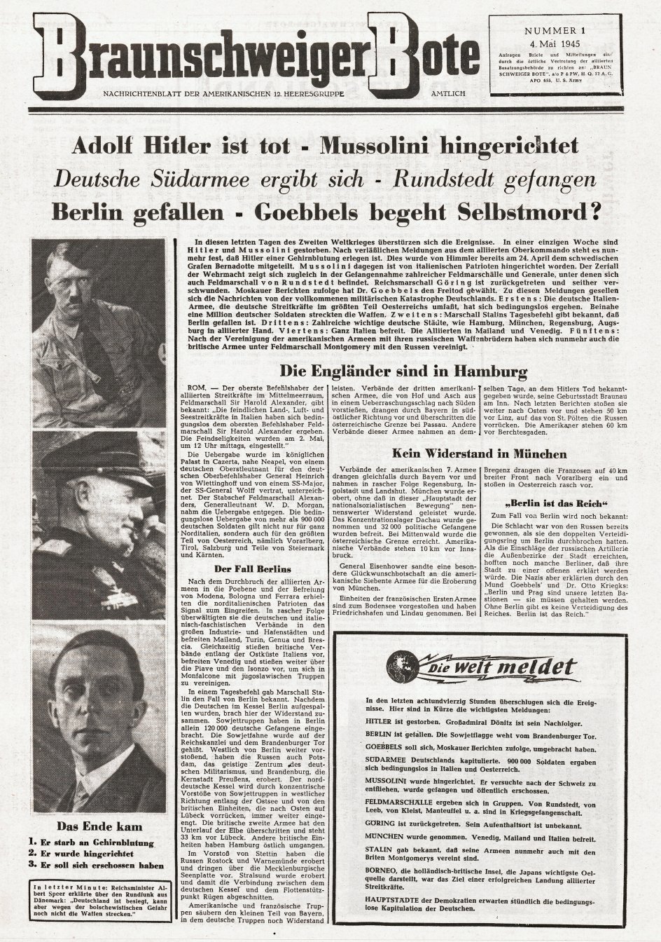 For mange tyskere brød verden sammen, da Det Tredje Rige brød sammen. Hitler havde næret håbet og stoltheden i folkemasserne efter det ydmygende nederlag i Første Verdenskrig. De kunne ikke forestille sig et meningsfuldt liv, når det Tyskland, de havde kendt i 12 år, holdt op med at eksistere. Her er det forsiden af den tyske avis Braunschweiger Bote, der den 4. maj 1945 beretter om Hitlers død, Berlins fald og Goebbels’ selvmord. – Foto: Mary Evans Picture Library/Ritzau Scanpix.