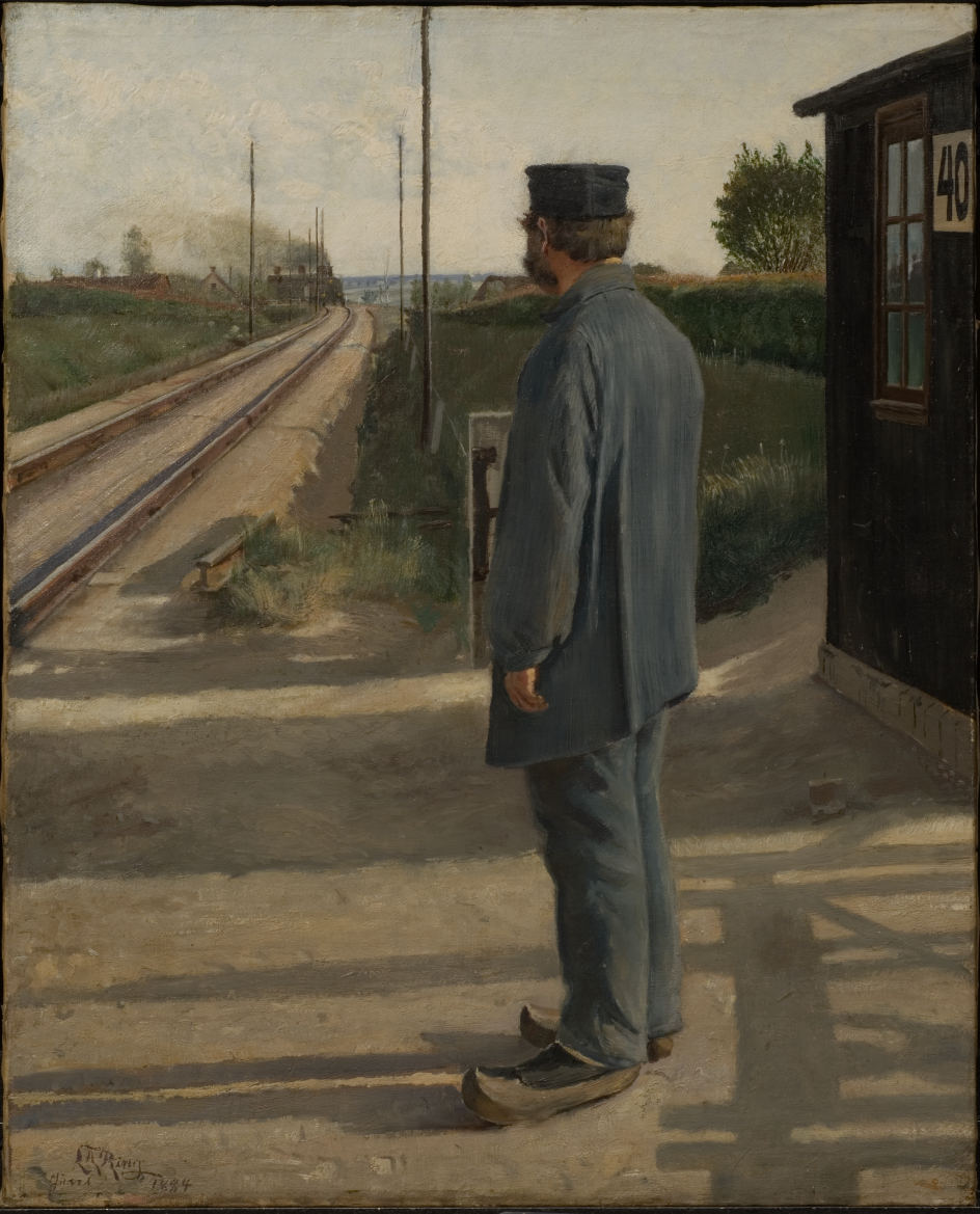 I L.A. Rings ”Banevogteren. Landsbyen Ring”, 1884, olie på lærred, åbner L.A. Ring for én livsverden og lader den krydse af en anden. Den statiske verden, som banevogteren repræsenterer, og den dynamiske verden, som toget, skinnerne og telegrafmasterne visualiserer.