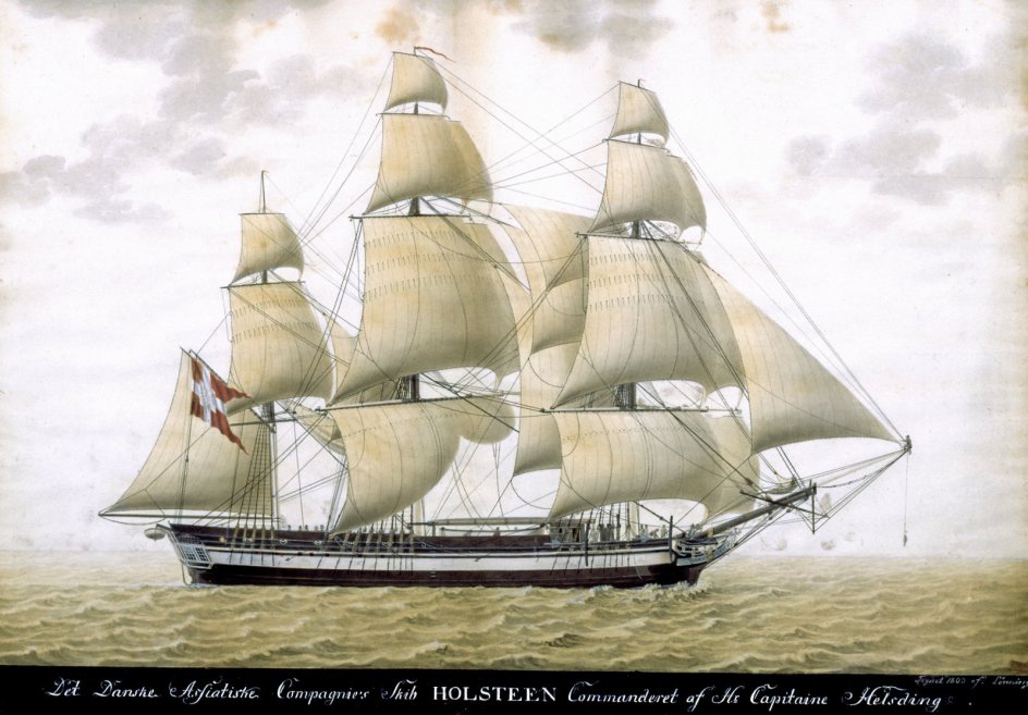 Gouache af den danske maler T.E. Lønning fra 1803, der forestiller fregatten ”Holsteen”, Asiatisk Kompagni. – Foto fra bogen.