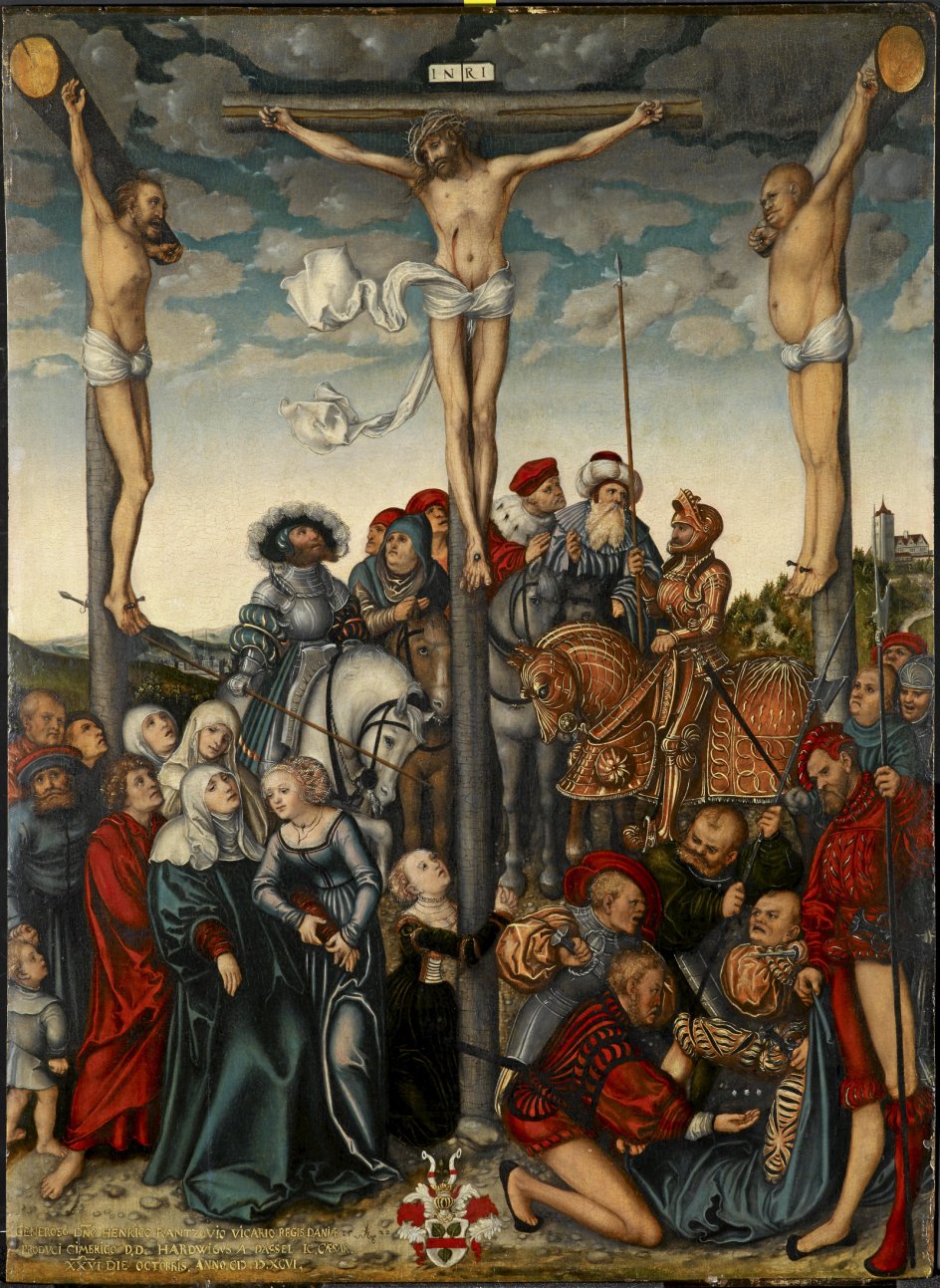 I reformationstiden var der stridigheder om, hvordan korset skulle gengives. I den lutherske lejr fastholdt man den katolske tradition for gengivelser af den lidende Kristus på korset. Her ses et maleri af Lucas Cranach den Ældre, hvor Kristus har hovedet på skrå, tornekrone og spydsår i siden. – Foto: Wikicommons.