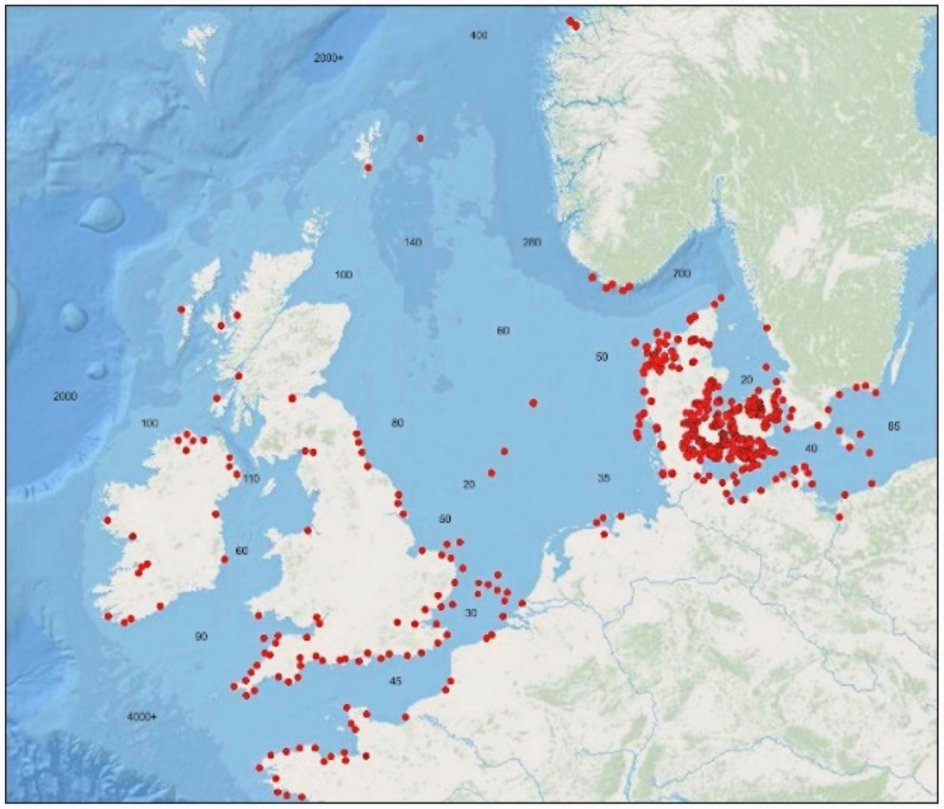 Grafik af undersøiske stenalderbopladser i det nordvestlige Europa, Ole Grøn.