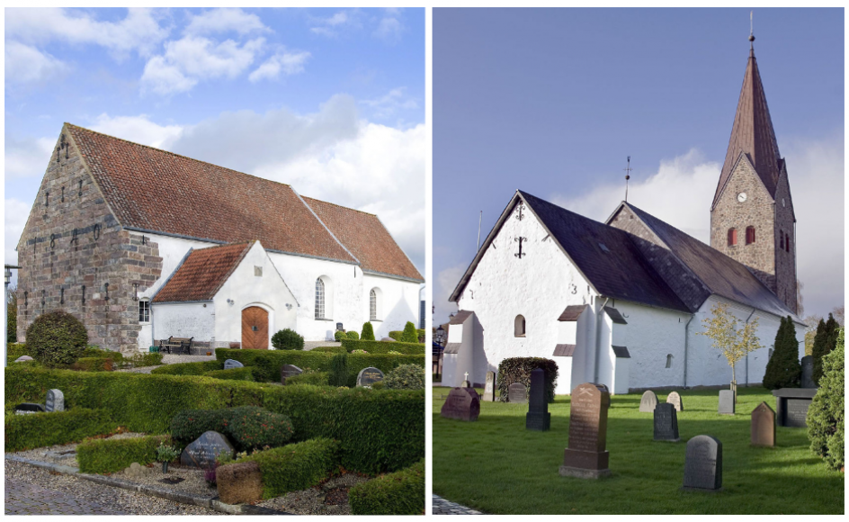 Til højre ses Holbøl Kirke, til højre Bov Kirke. De to kirker hørte kortvarigt under Bov-Holbøl Pastorat efter en sammenlægning. Sammenlægningen er nu annulleret igen.