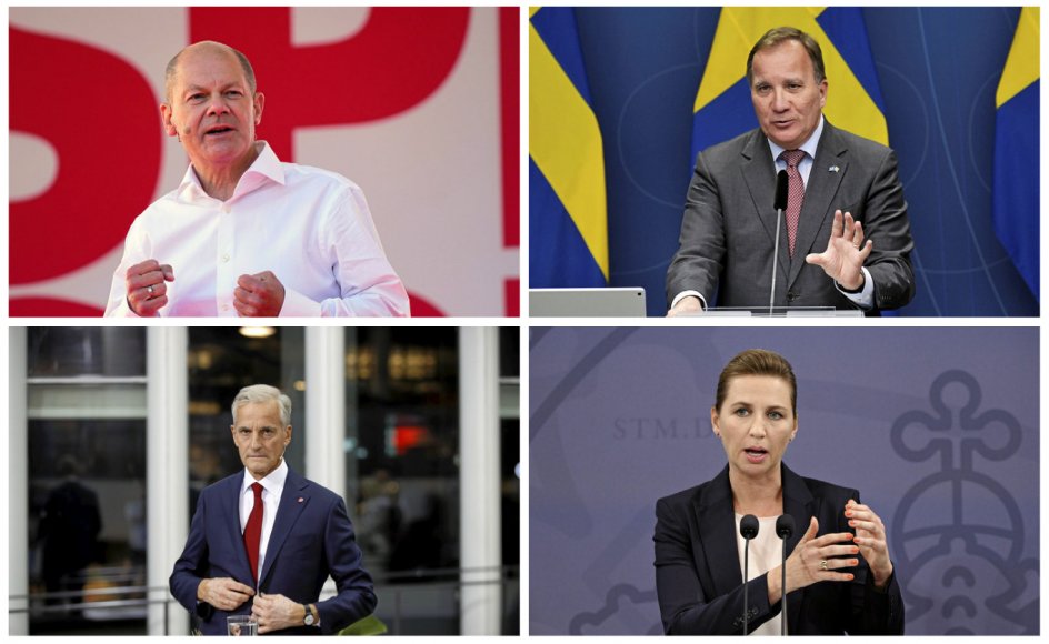 Socialdemokratiet i Norden og Tyskland med (fra venstre) danske Mette Frederiksen, norske Jonas Gahr Støre, svenske Stefan Löfven og tyske Olaf Scholz kan næppe bringe partiet tilbage til tidligere tiders stemmeandel på 35-45 procent af stemmerne.