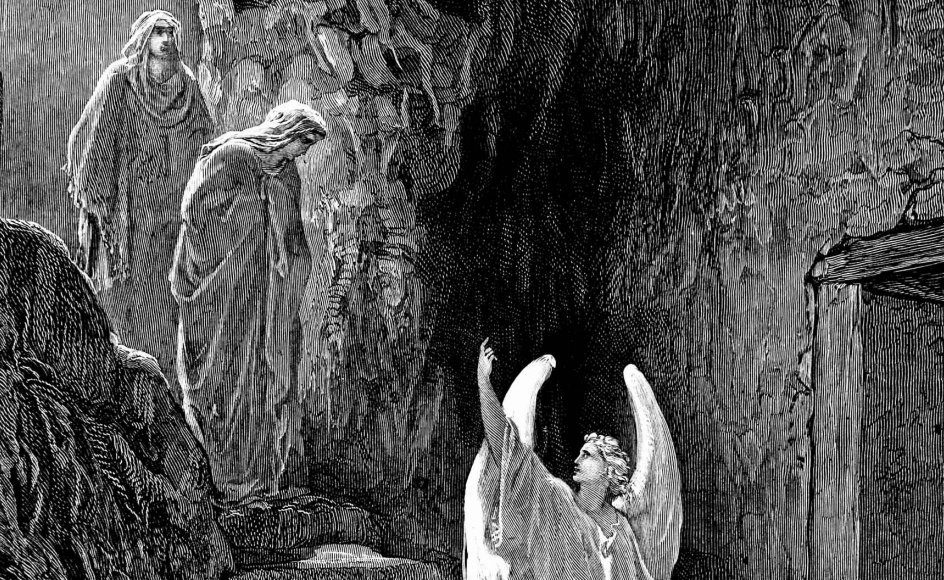 Der var ingen Jesus, men blot en engel, da kvinderne kom for at salve Jesu legeme. Her ses Gustaves Dorés gengivelse af situationen.
– Foto: Ritzau Scanpix.