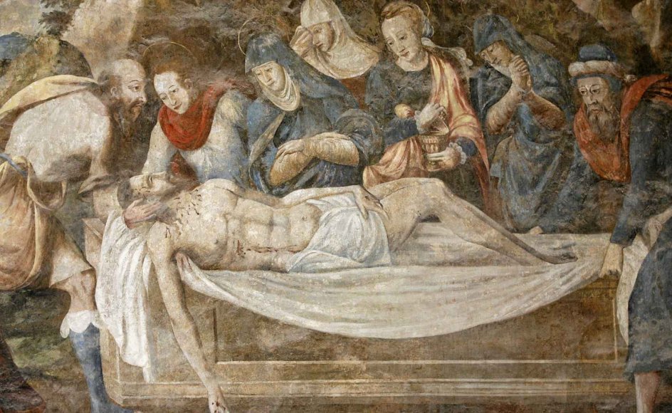 Kristendommen er et godt eksempel på, hvordan døden spiller en vigtig rolle i mange store religioner og har været en væsentlig drivkraft for de troende. Her ses et maleri af Thomas Pot fra omkring 1563, der skal forestille begravelsen af Jesus. – Foto: Robertharding/Masterfile/Ritzau Scanpix.