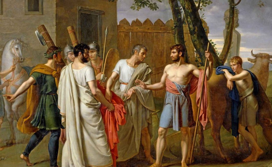 Cincinnatus, der blev valgt til romersk diktator for at bekæmpe en invasion, hædres af nutidige amerikanere som en ideel leder. Straks efter fjenden var nedkæmpet, overleverede han magten og vendte tilbage til sin gård. Her ses han skildret på et maleri af Juan Antonio Ribera fra cirka 1806. – Foto: Historia del Arte.