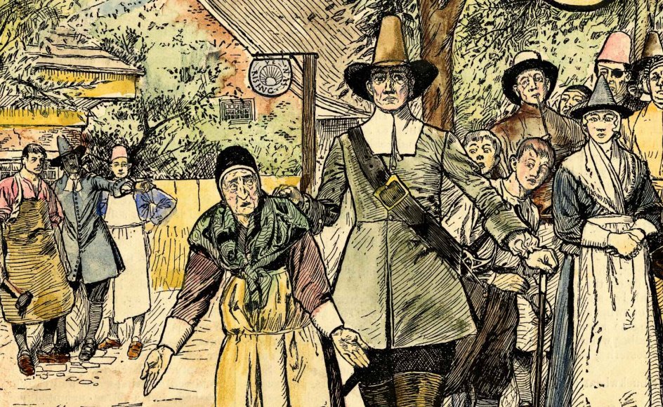 En ældre kvinde bliver arresteret for at udøve heksekunster. I Danmark fandt der omkring 1000 hekseafbrændinger sted fra 1540 til 1693.
