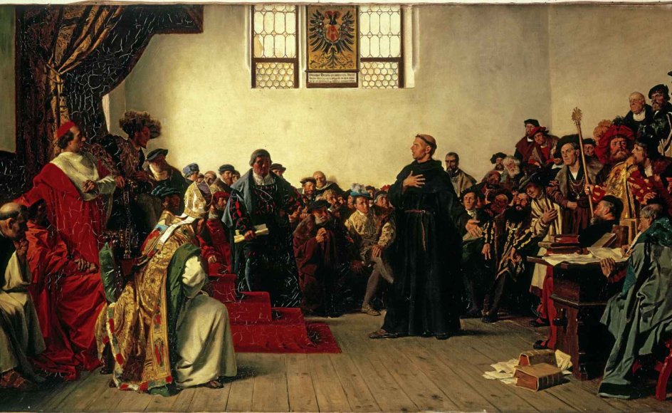 Martin Luthers møde med kejseren i Worms er vist i mange fremstillinger. Her ses et maleri af kunstneren Anton von Werner (1843-1915). – Foto: Akg-Images/ Ritzau Scanpix.