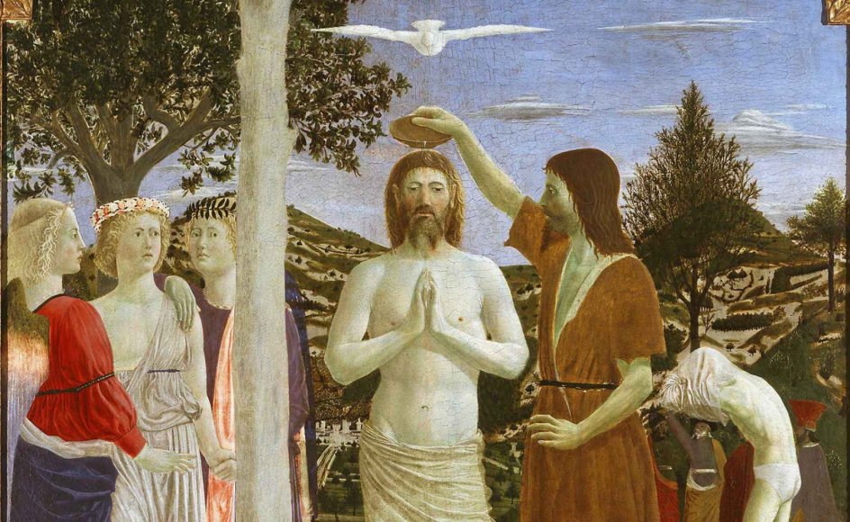 Duen repræsenterer Helligånden. Her ses den over Jesu hoved under Johannes Døberens dåb på et maleri af kunstneren Piero della Francesca fra 1400-tallet. – Foto: Ritzau Scanpix.