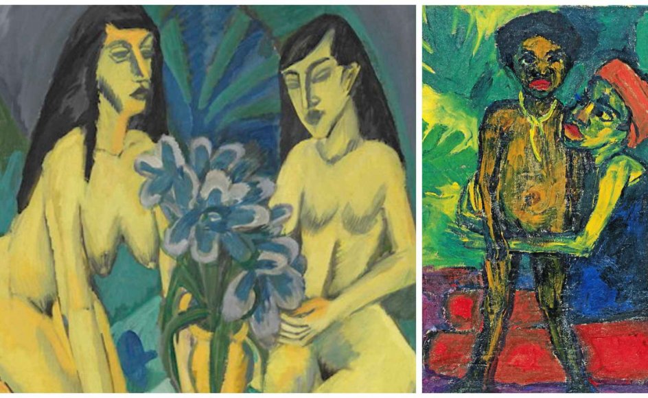 Statens Museum for Kunsts udstilling ”Kirchner og Nolde til diskussion” præges af nutidig moralisme, mener nogle af landets anmeldere. Andre kalder den moderne og nuanceret. Her er det Emil Noldes ”Mor og dreng” (”Mutter und Knabe”), 1914 og Ernst Ludwig Kirchners: ”To gule modeller med blomsterbuket” (”Zwei gelbe Akte mit Blumenstrauss”) fra 1914. – Foto: Bündner Kunstmuseum Chur og Fotowerkstatt Elke Walford und Dirk Dunkelberg/Nolde Stiftung Seebüll.