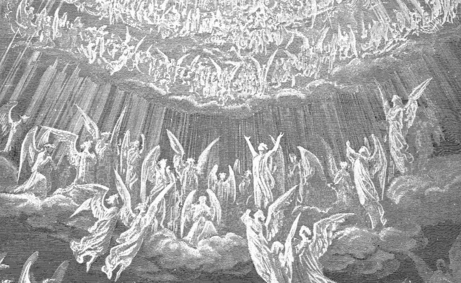 Hos middelalderpoeten Alighieri Dante er himlen et komplekst rum med muligheder for op- og nedstigning. Her ses Gustave Dorés gengivelse af englenes himmelske kor fra den italiensk forfatters univers.