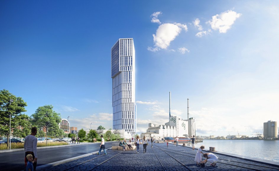 Det planlagte højhus på adressen Mindet 6 i Aarhus, som tegnestuen C.F. Møller Architects forestiller sig det. – Fotomontage: C.F. Møller Architects.