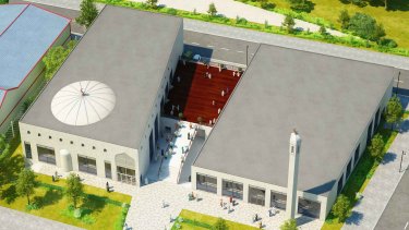 Her ses tegningen af den færdige moské fra arkitektfirmaet Johannsen Arkitekter i Vejle, der bliver opført på Vingelodden i Københavns nordvestkvarter.