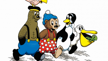 Rasmus Klump og hans venner Pingo, Skæg og Pelle. Tegning: Egmont Publishing A/S.