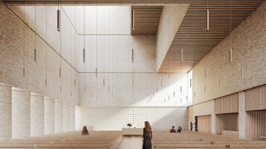 Udover et kors for endevæggen er der foreløbigt ikke lagt op til, at væggene i den nye Hvinningdal kirke skal dækkes af kunst. – Foto/visualisering: Friis & Moltke.