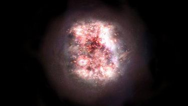 Ved hjælp af radioteleskoper har astronomer kunnet fremkalde dette billede af en 13 milliarder år gammel, støvet galakse. Københavns Universitet/